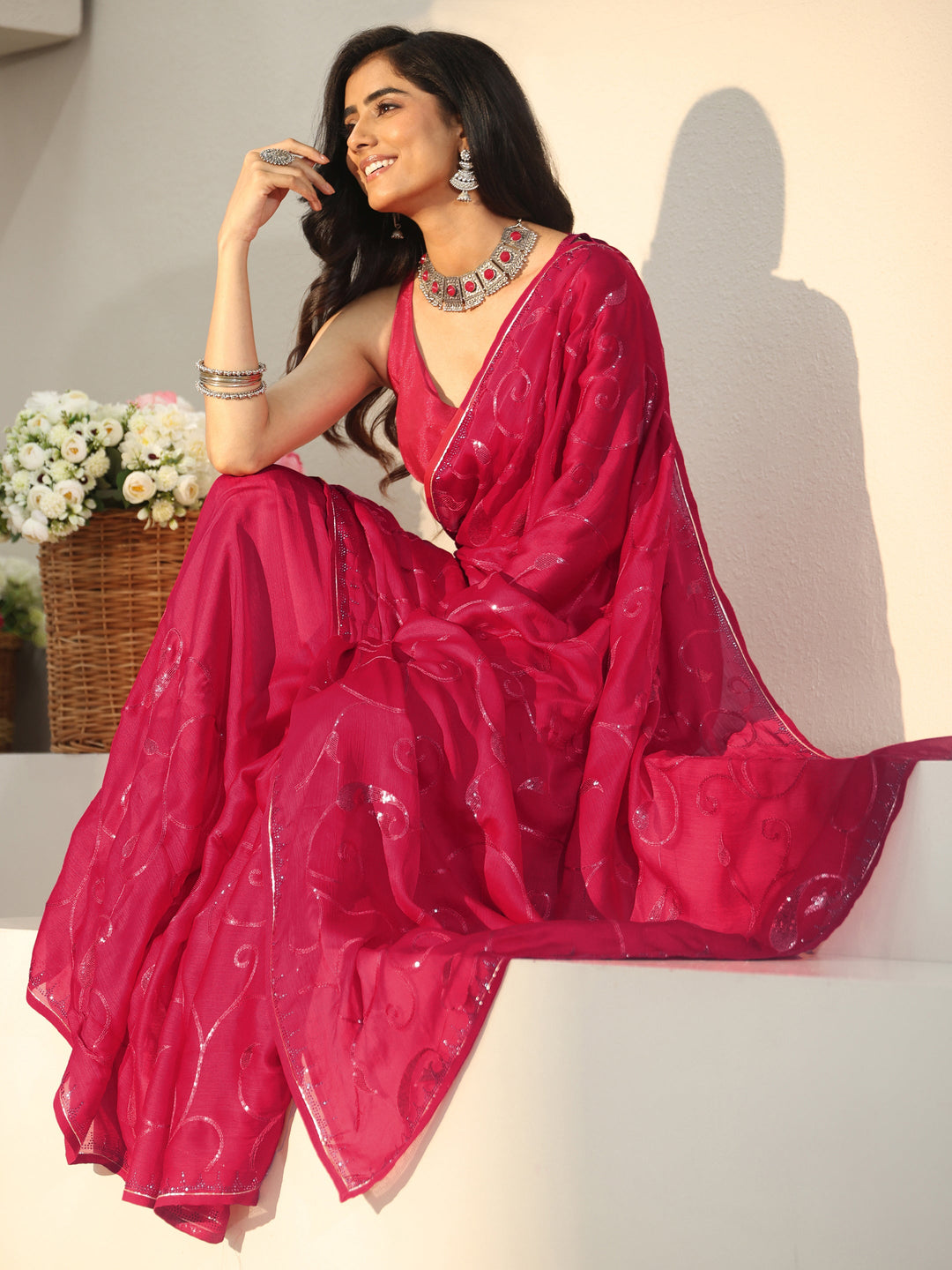 Red Floral Embroidered Chiffon Saree