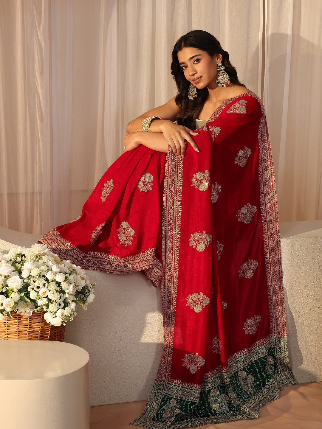 Red Floral Embroidered Silk Blend Saree