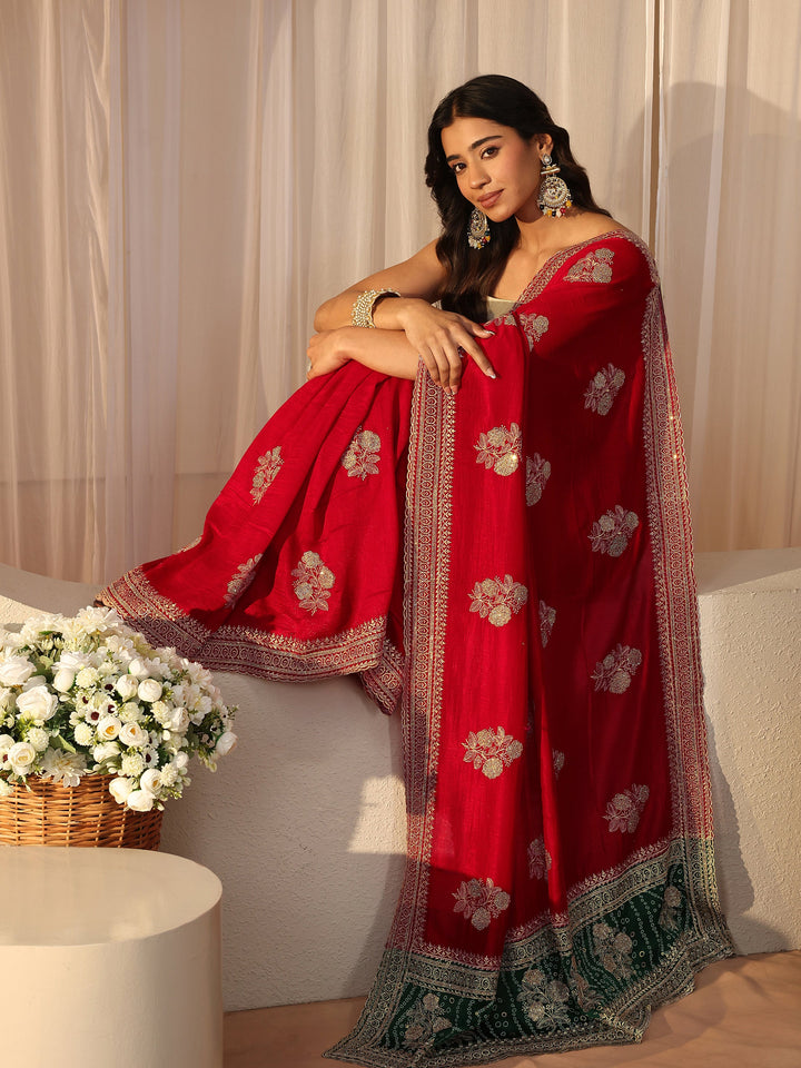 Red Floral Embroidered Silk Blend Saree