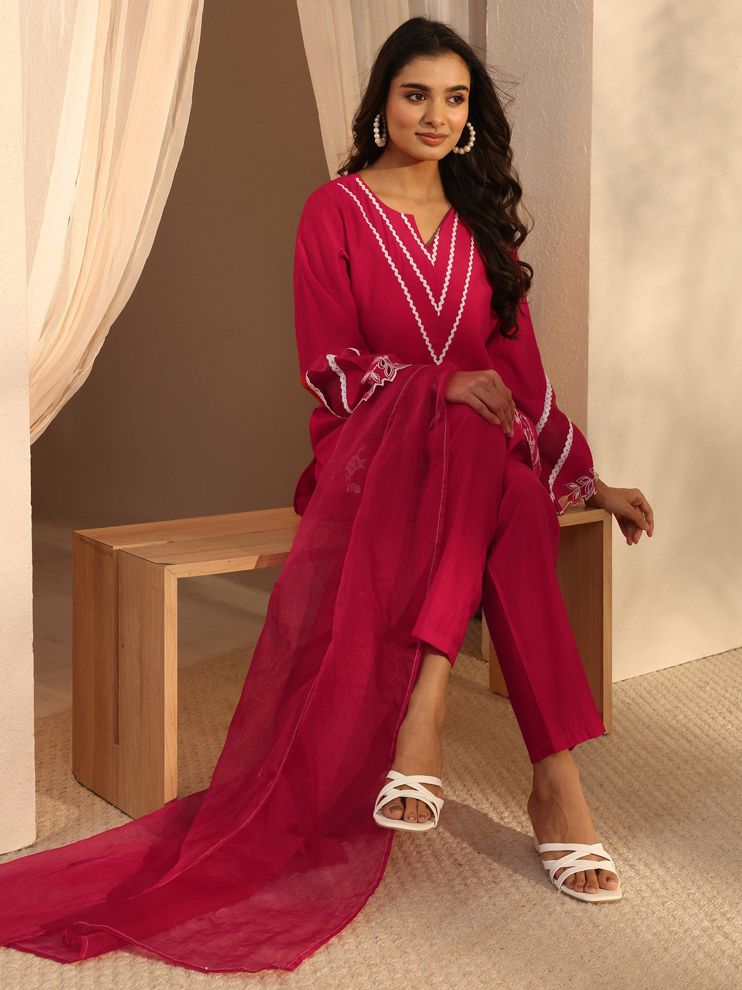 Red Floral Embroidered Silk Blend Straight Suit Set With Dupatta