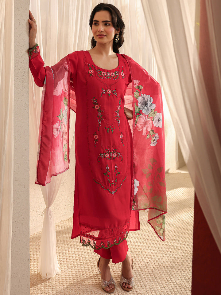Red Floral Embroidered Silk Blend Straight Suit Set With Dupatta
