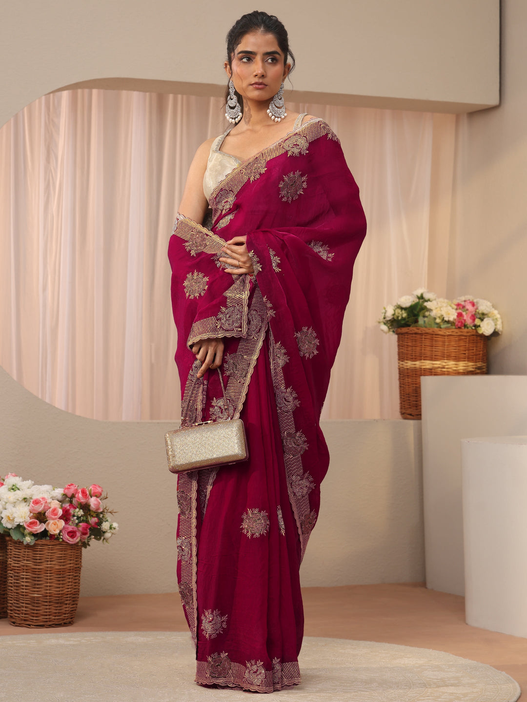 Red Floral Embroidered Tissue Saree