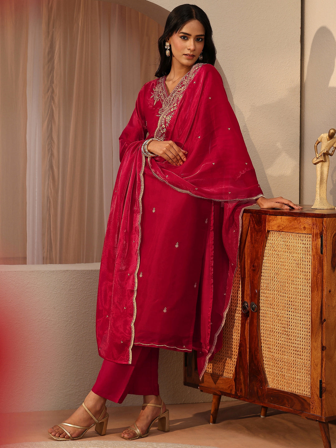 Red Floral Embroidered Tissue Straight Suit Set