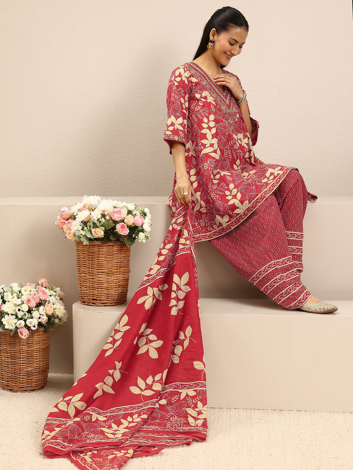 Red Floral Printed Cotton A-Line Suit Set With Dupatta