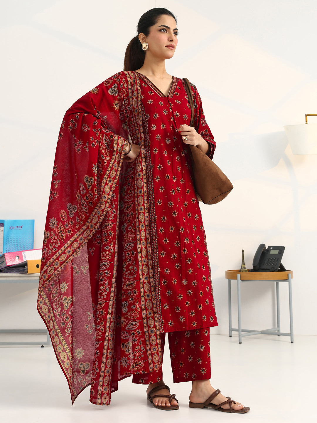 Red Floral Printed Cotton Blend Straight Suit Set With Dupatta