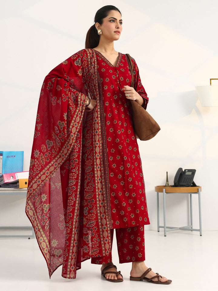 Red Floral Printed Cotton Blend Straight Suit Set With Dupatta