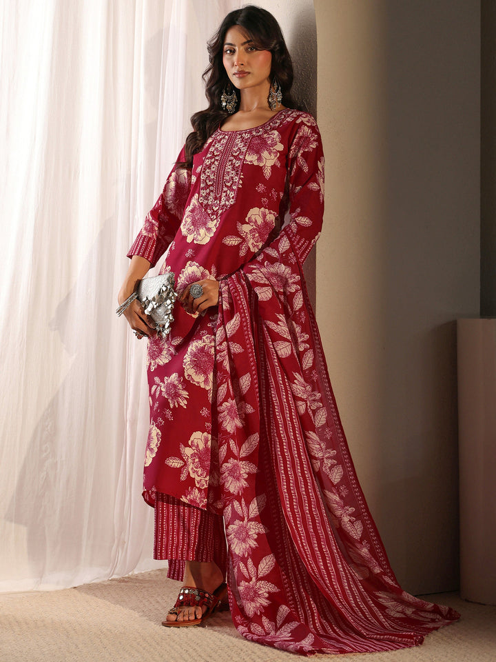 Red Floral Printed Cotton Blend Straight Suit Set With Dupatta