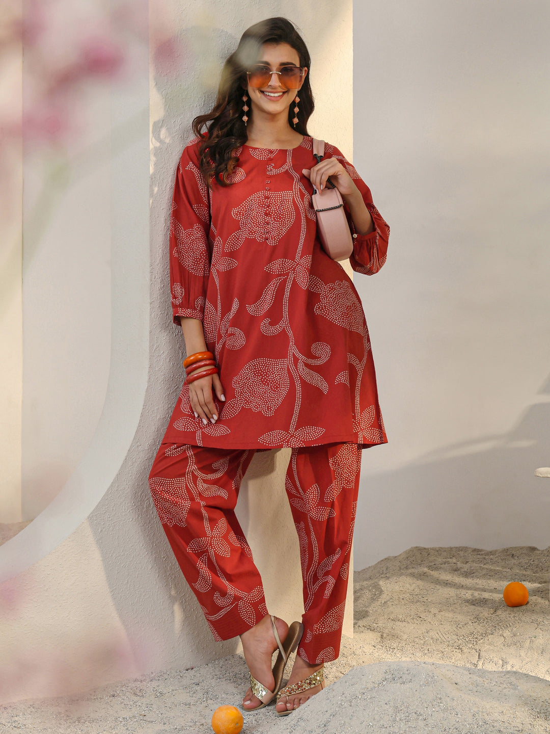 Red Floral Printed Cotton Co-Ord Set