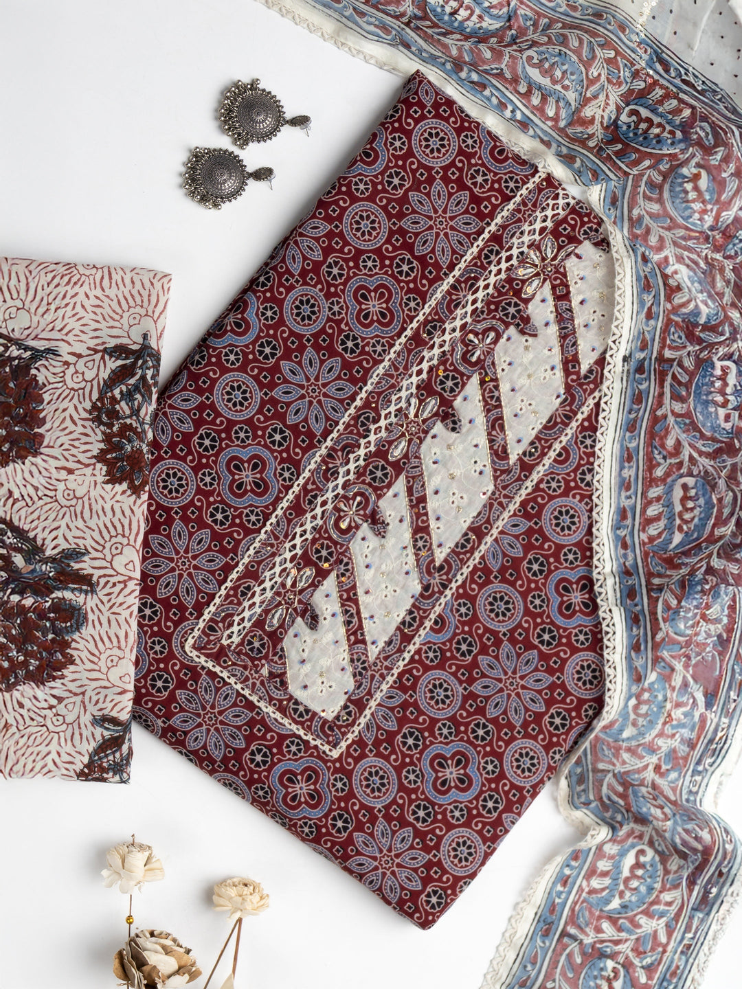 Red Floral Printed Cotton Dress Material With Dupatta