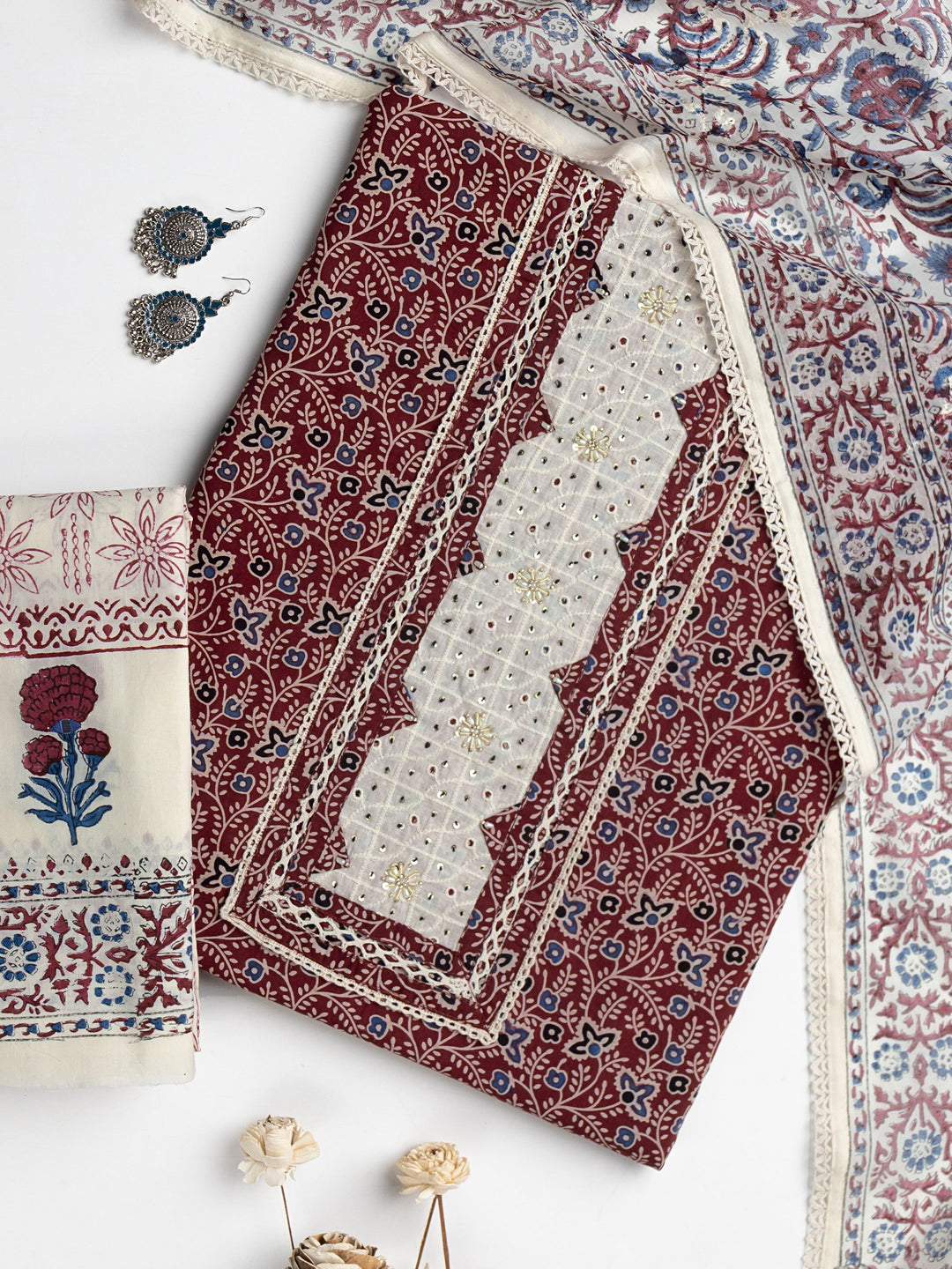 Red Floral Printed Cotton Dress Material With Dupatta