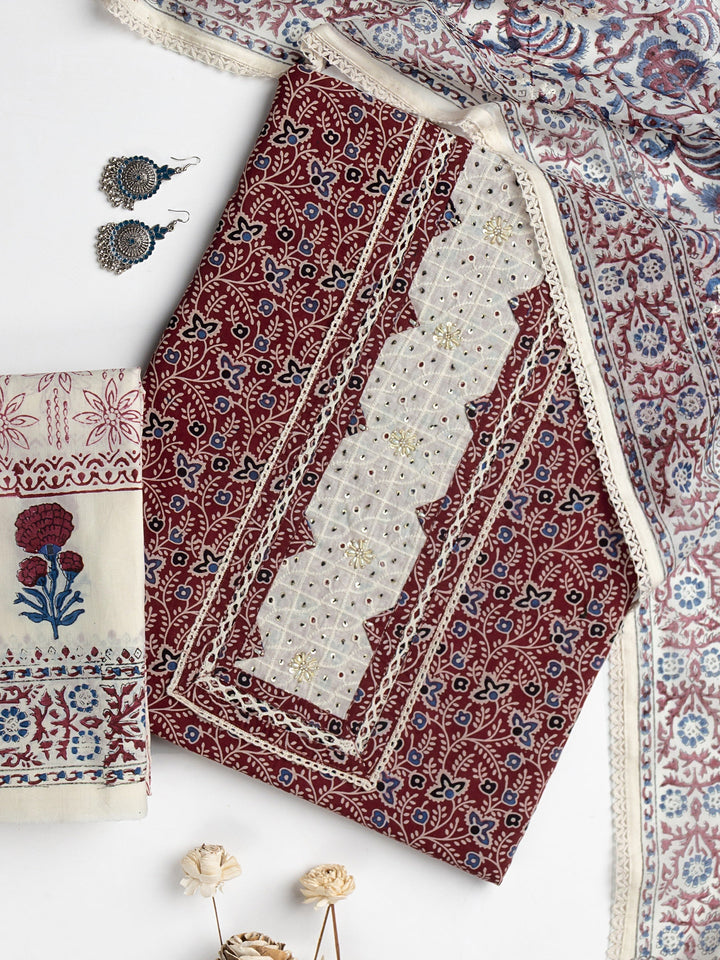 Red Floral Printed Cotton Dress Material With Dupatta