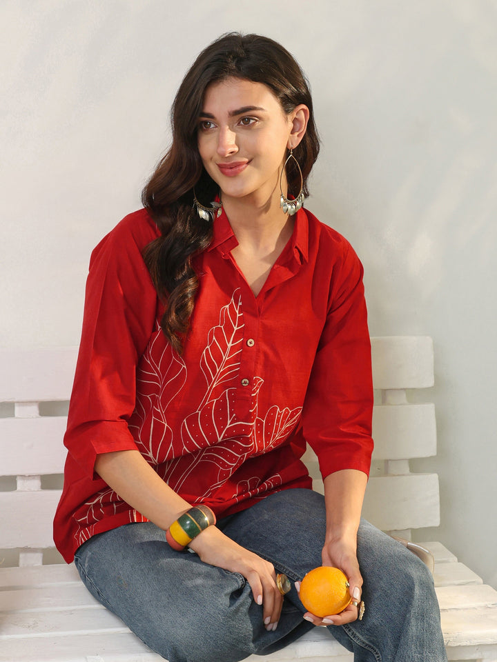 Red Floral Printed Cotton Straight Short Kurti