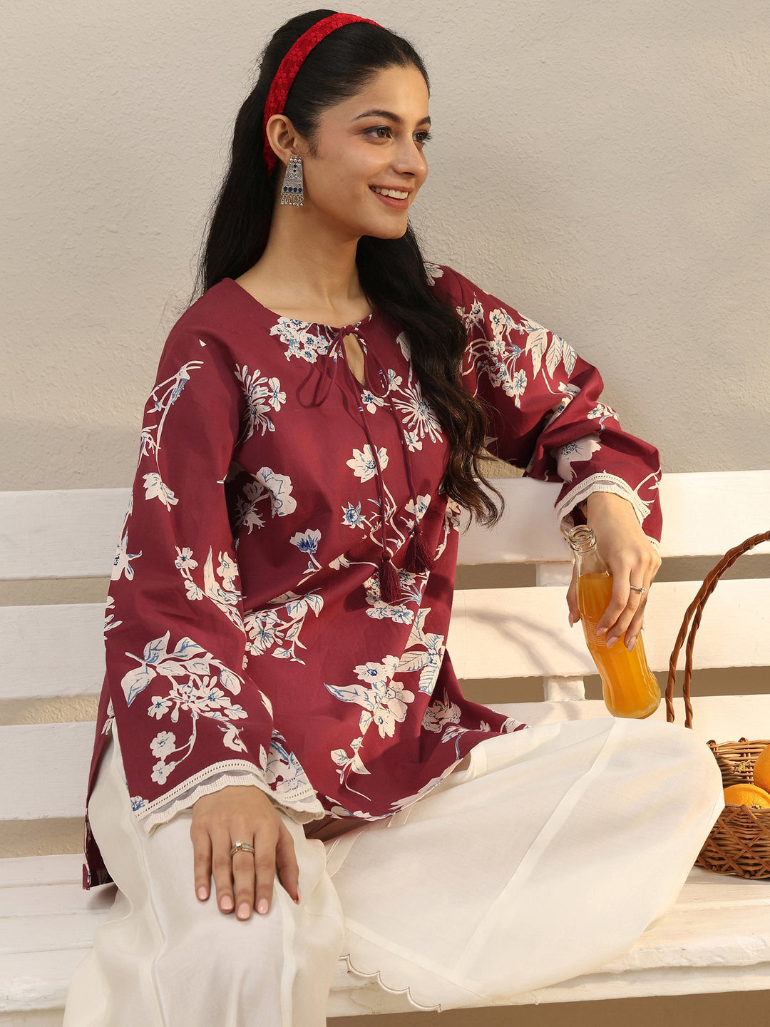 Red Floral Printed Cotton Tie-Up Straight Short Kurti