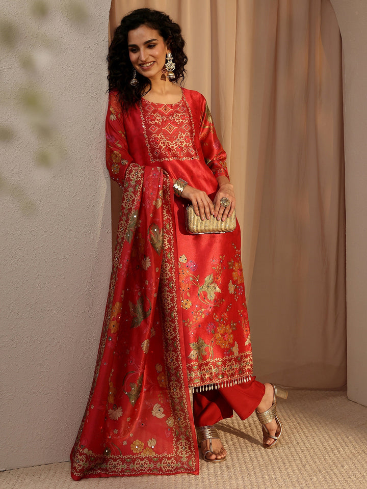 Red Floral Printed Silk Blend Straight Suit Set With Dupatta