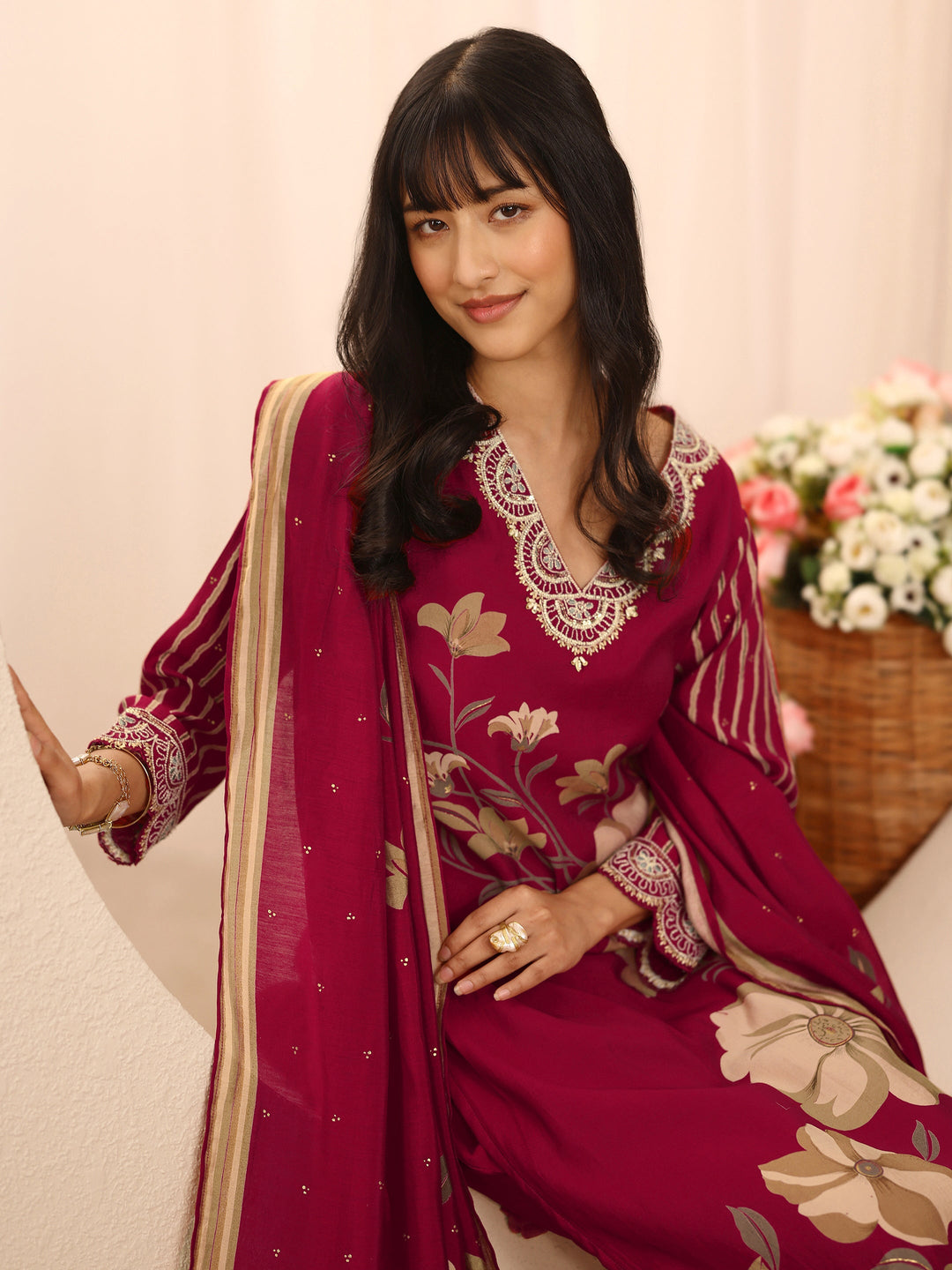 Red Floral Printed Silk Blend Straight Suit Set With Dupatta