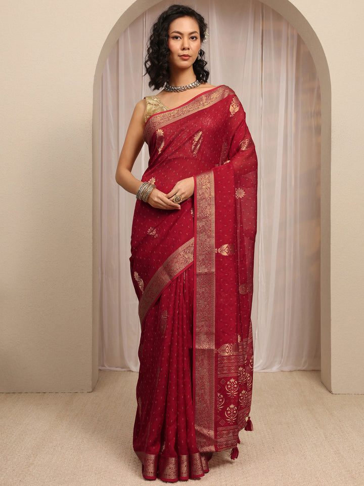 Red Floral Woven Design Silk Blend Saree With Unstitched Blouse Piece