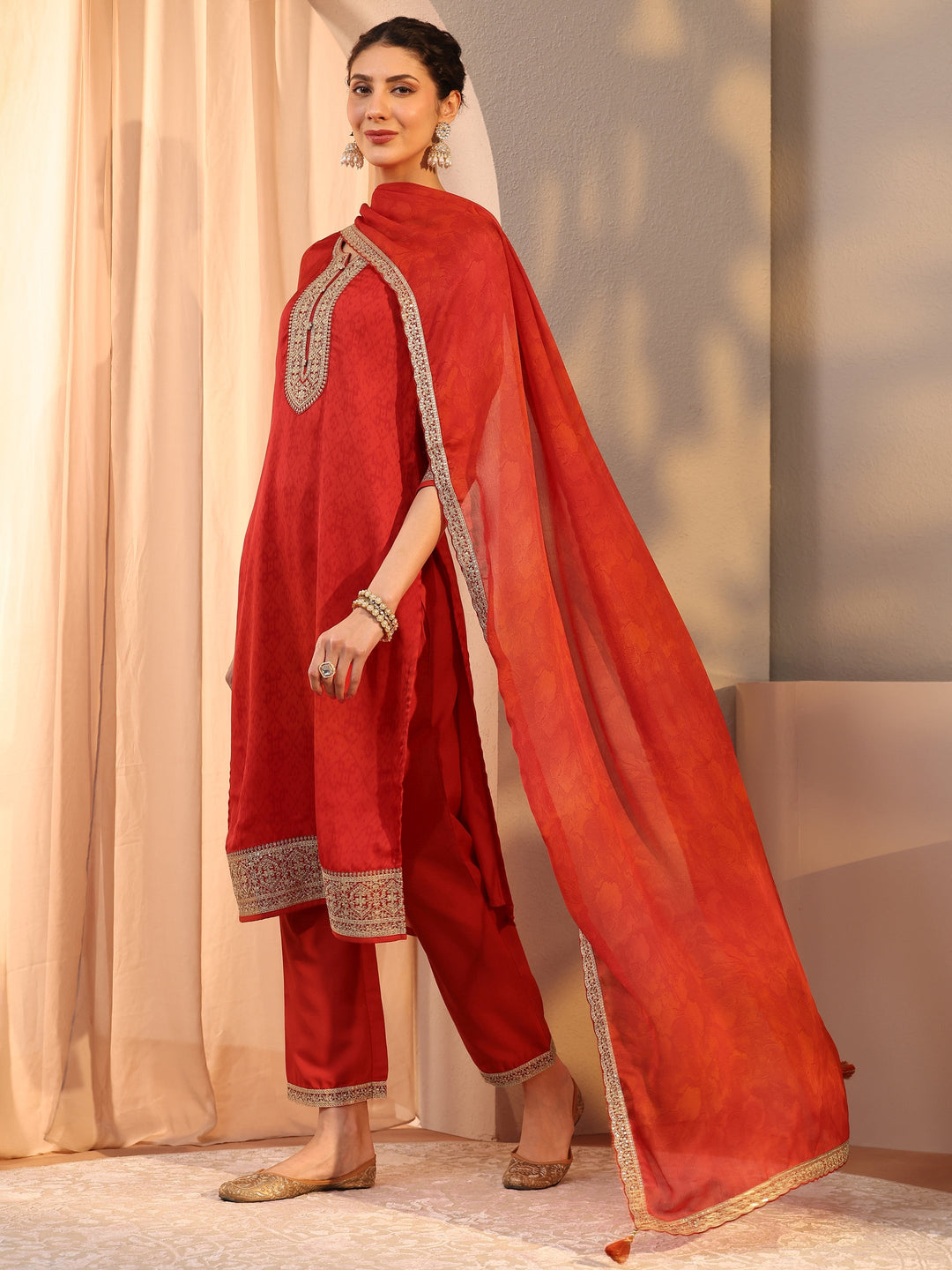 Red Floral Yoke Design Chiffon Straight Suit Set With Dupatta