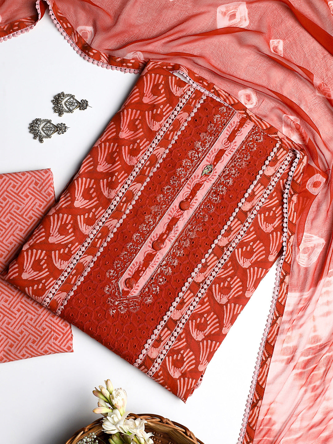 Red Geometric Printed Cotton Dress Material With Dupatta