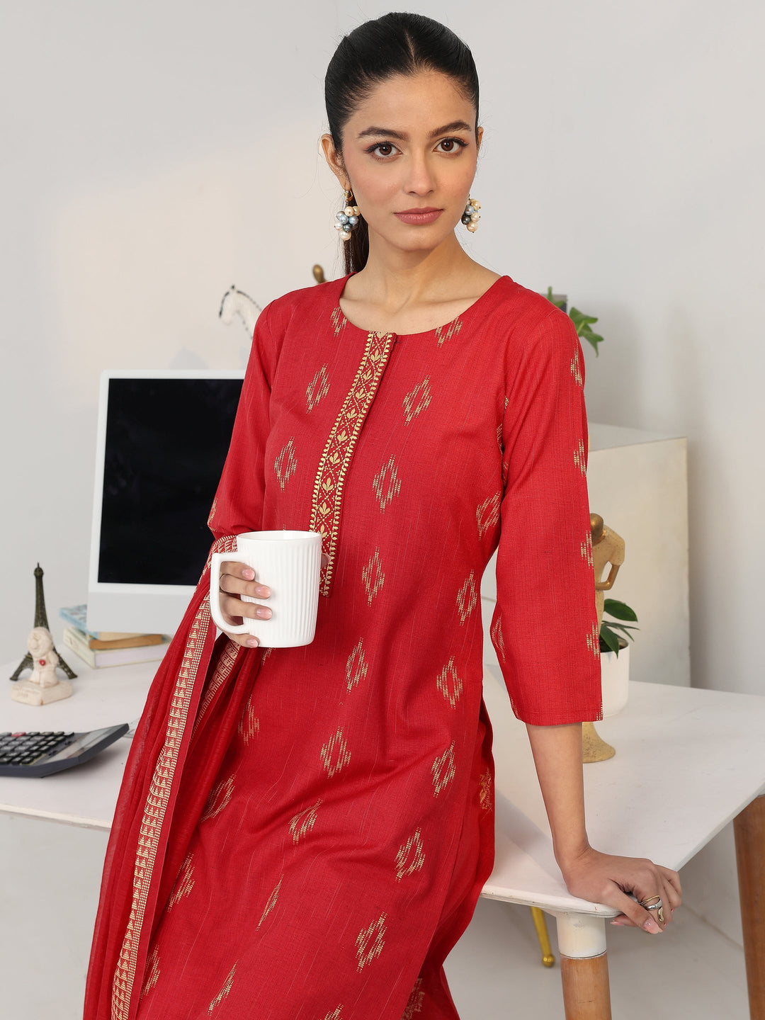 Red Geometric Woven Design Cotton Blend Straight Suit Set With Dupatta
