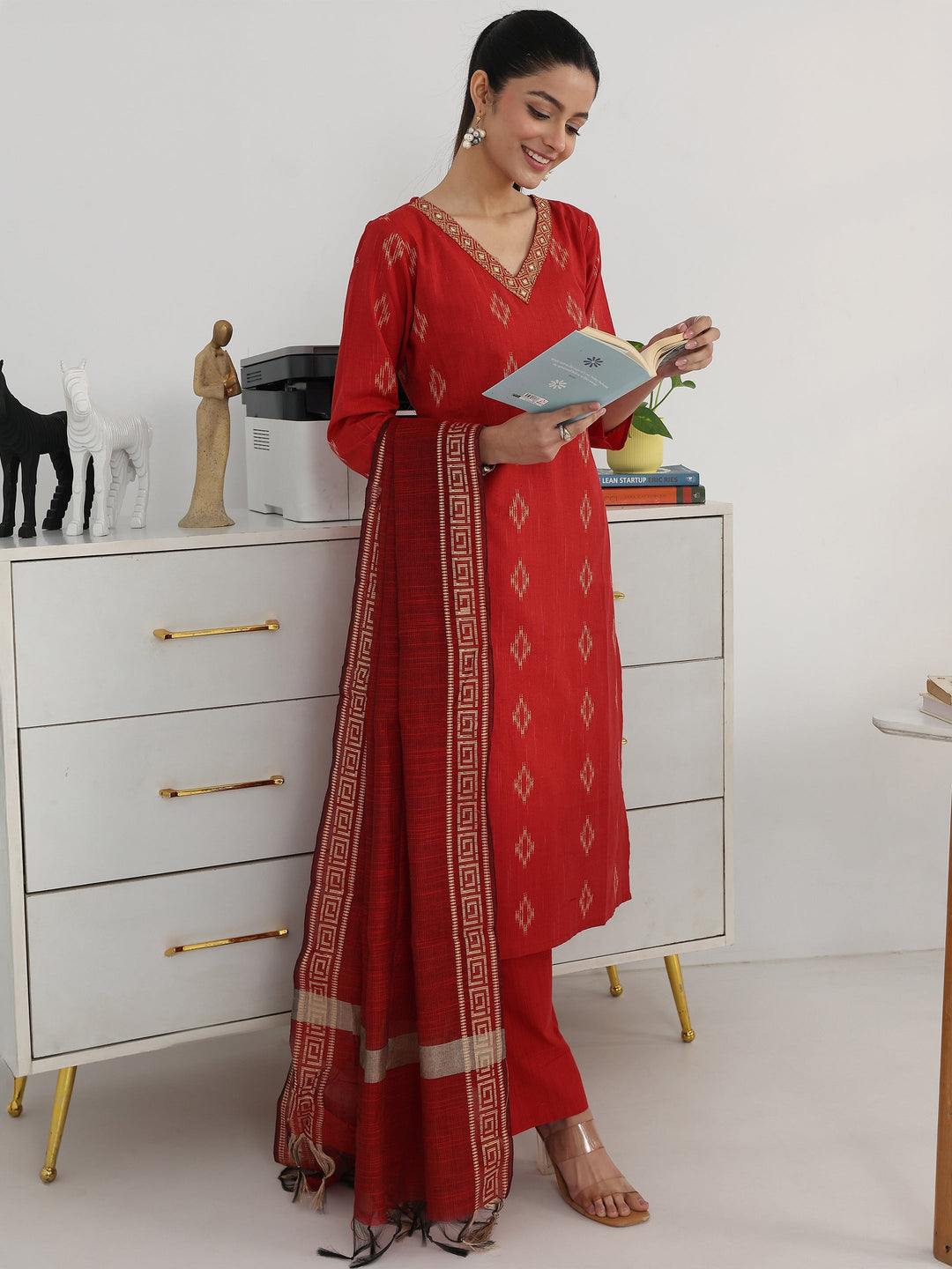 Red Geometric Woven Design Cotton Blend Straight Suit Set With Dupatta