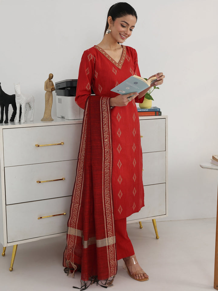 Red Geometric Woven Design Cotton Blend Straight Suit Set With Dupatta