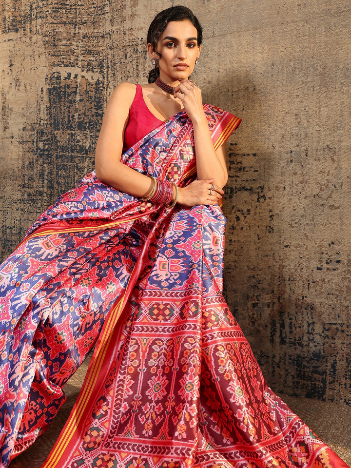 Red Ikat Printed Silk Saree With Unstitched Blouse Piece