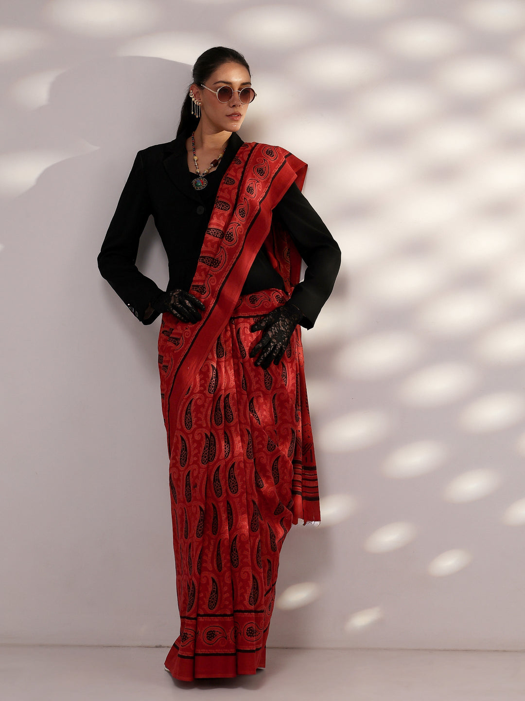 Terracotta Red Paisley Dabu Print Cotton Saree
