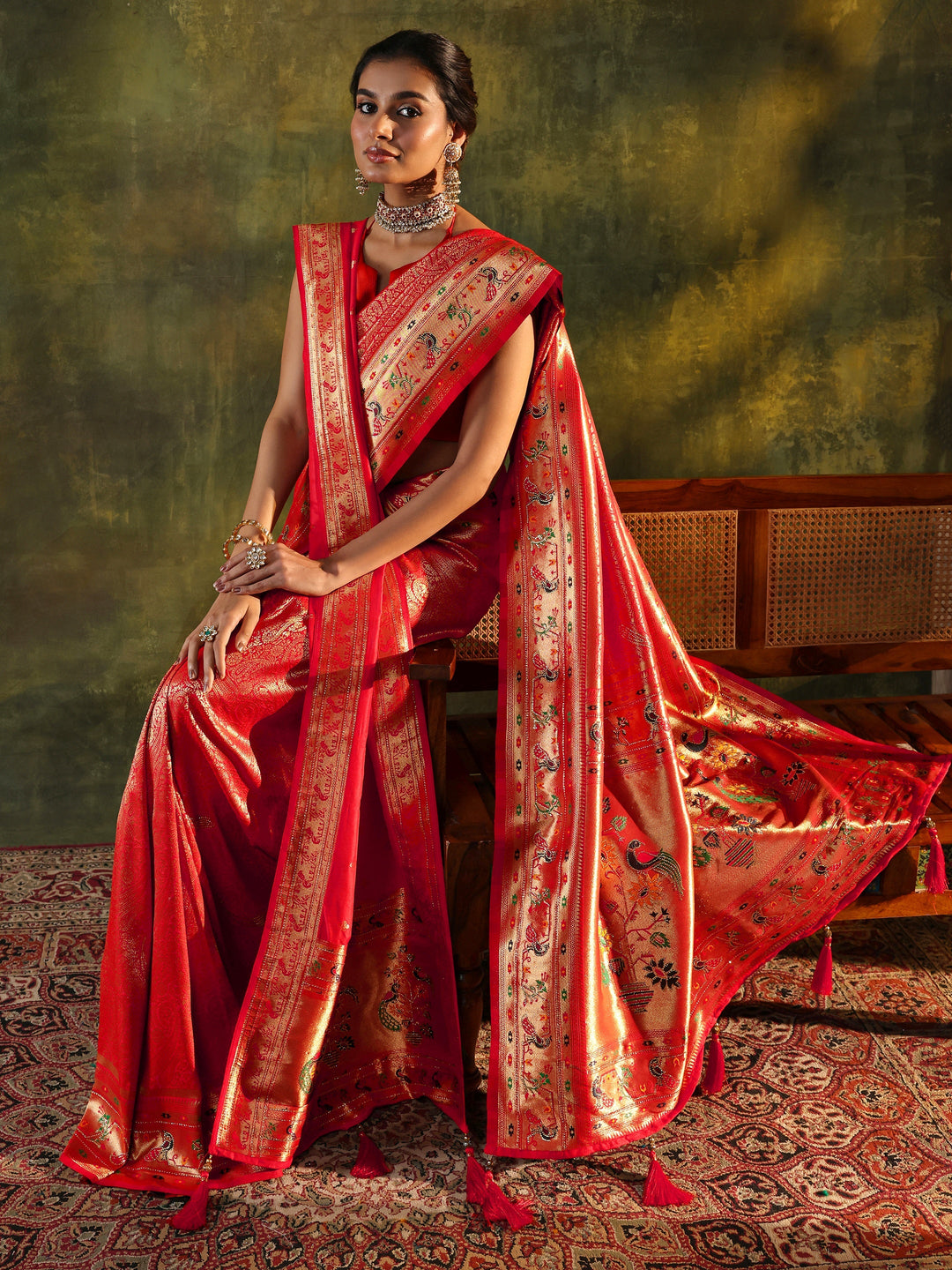 Red Paithani Silk Saree With Unstitched Blouse And Dupatta