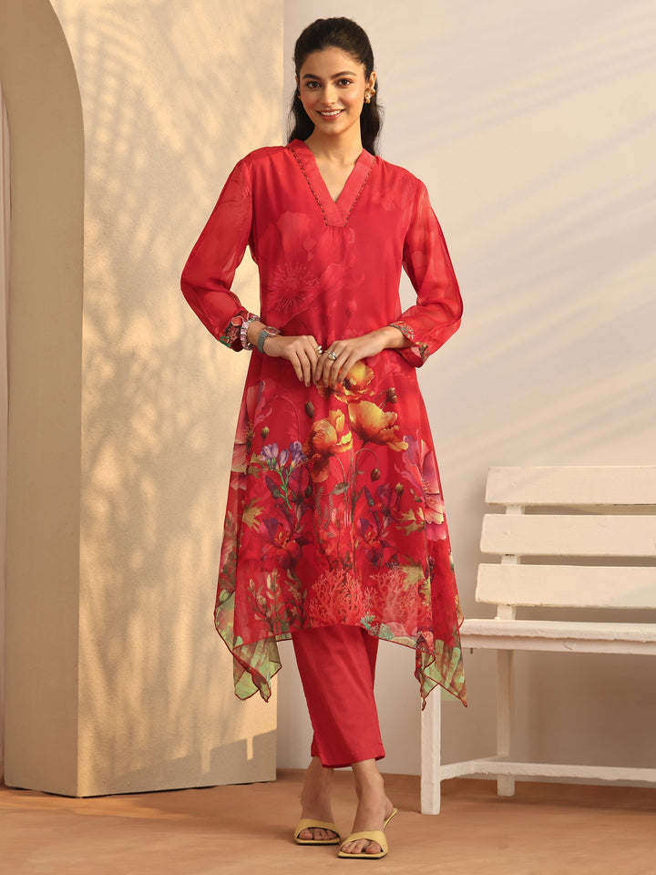 Red Printed Chiffon A-Line Kurta Set