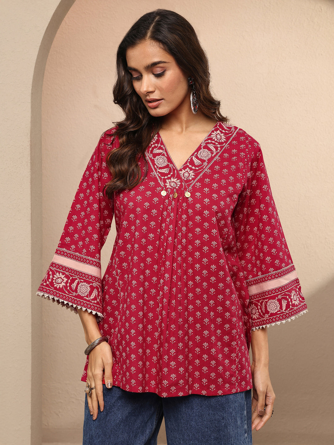 Red Printed Cotton A-Line Short Kurti