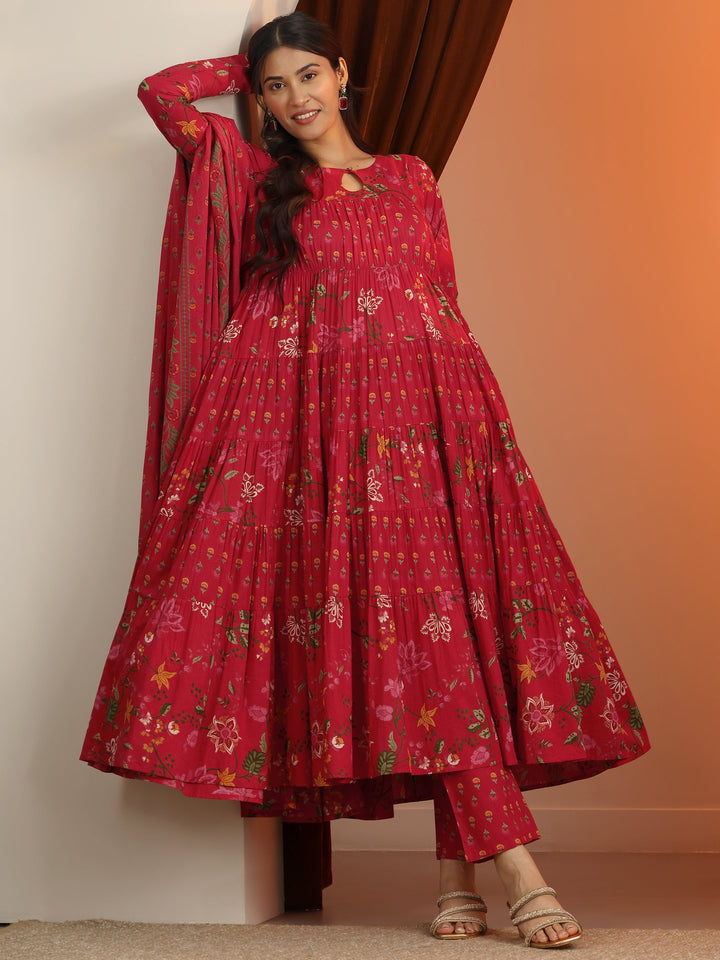 Red Printed Cotton Anarkali Suit Set With Dupatta
