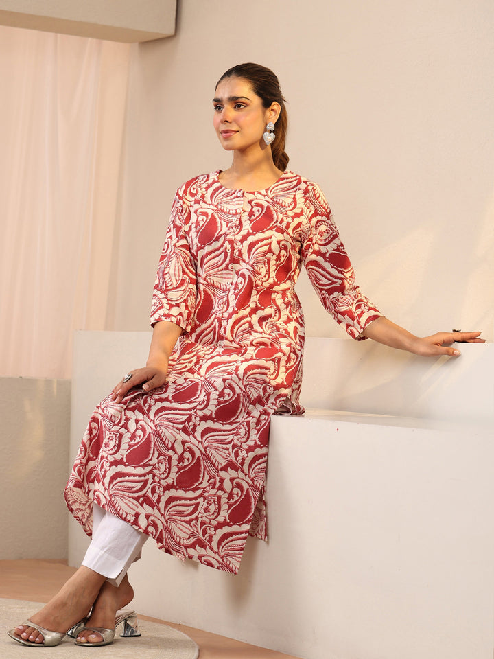 Red Printed Cotton Blend A-Line Shirt Style Kurta