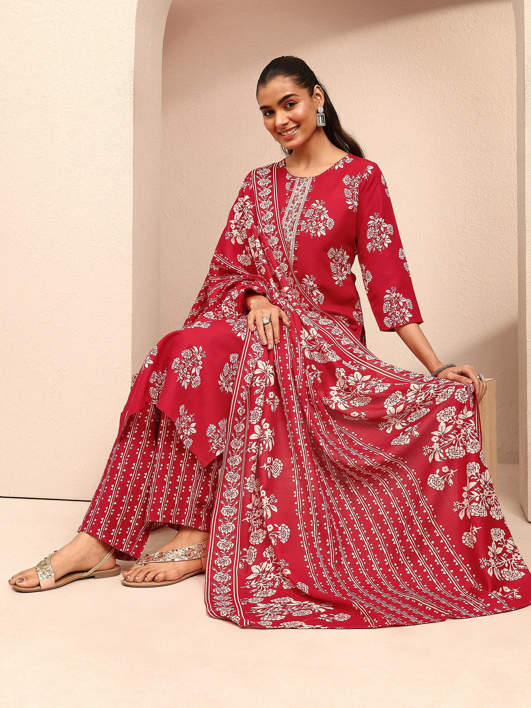 Red Printed Cotton Blend Straight Suit Set With Dupatta