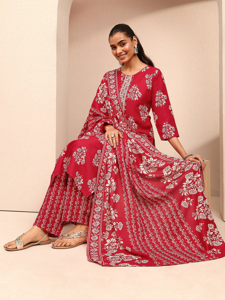 Red Printed Cotton Blend Straight Suit Set With Dupatta