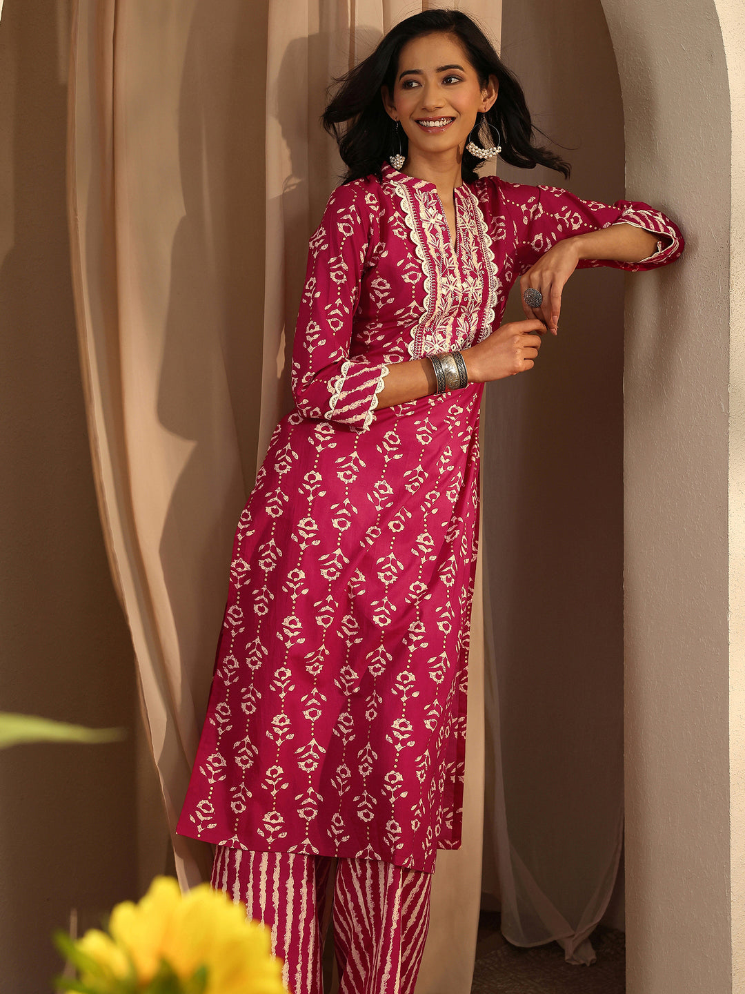 Red Printed Cotton Straight Kurta Set