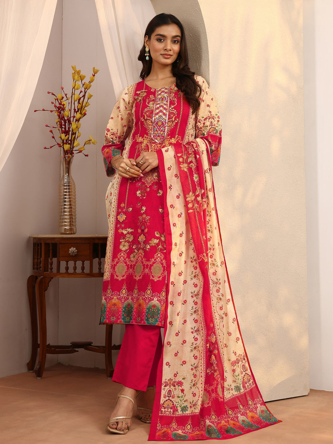 Red Printed Cotton Straight Suit Set With Dupatta