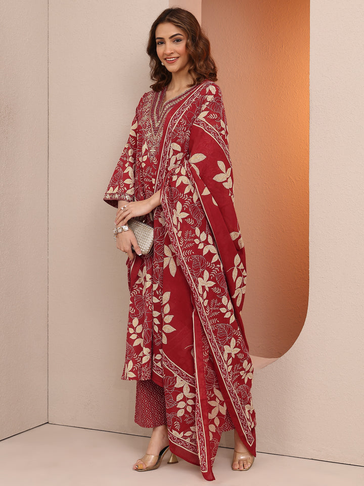 Red Printed Cotton Straight Suit Set With Dupatta