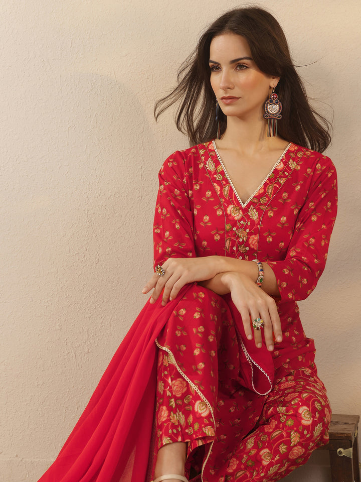 Red Printed Cotton Straight Suit Set With Dupatta