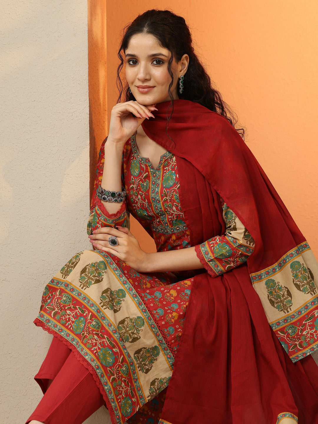 Red Printed Cotton Straight Suit Set With Dupatta