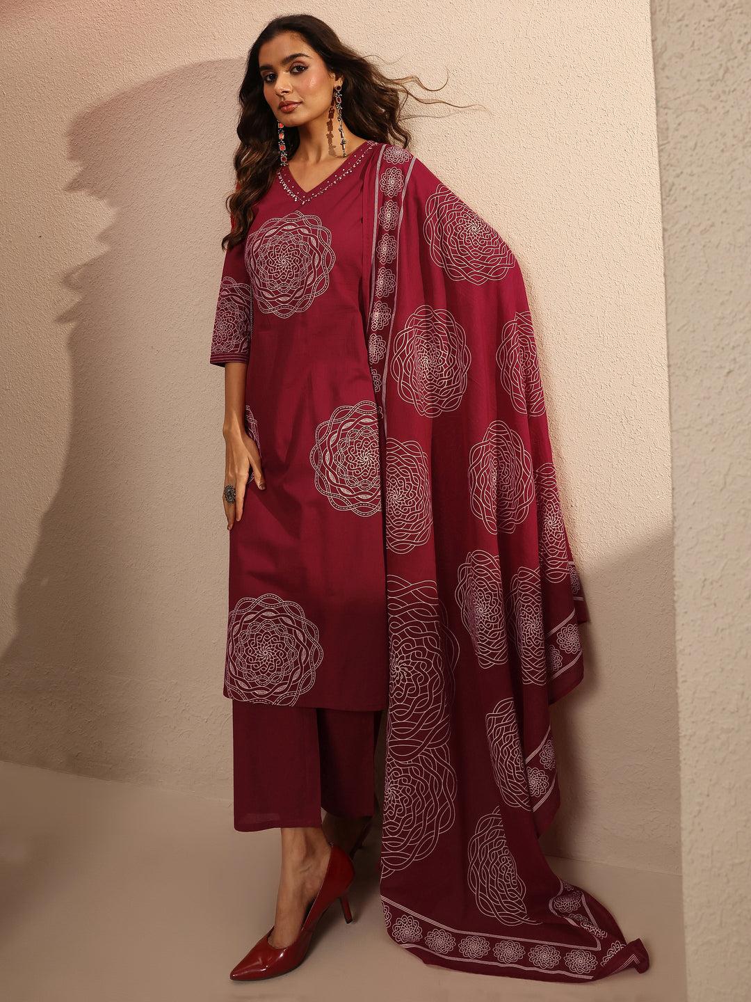 Red Printed Cotton Straight Suit Set With Dupatta