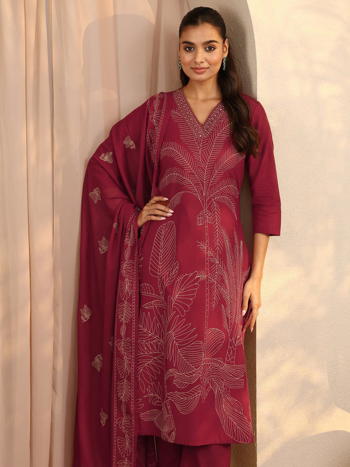 Red Printed Cotton Straight Suit Set With Dupatta