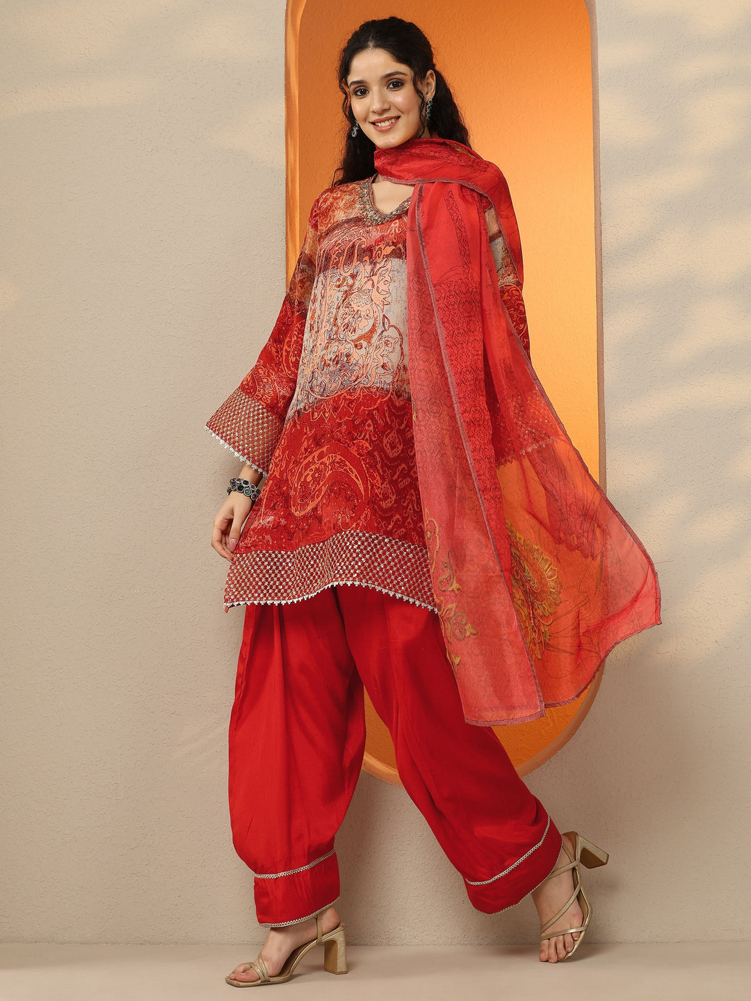Red Printed Crepe Straight Suit Set With Dupatta