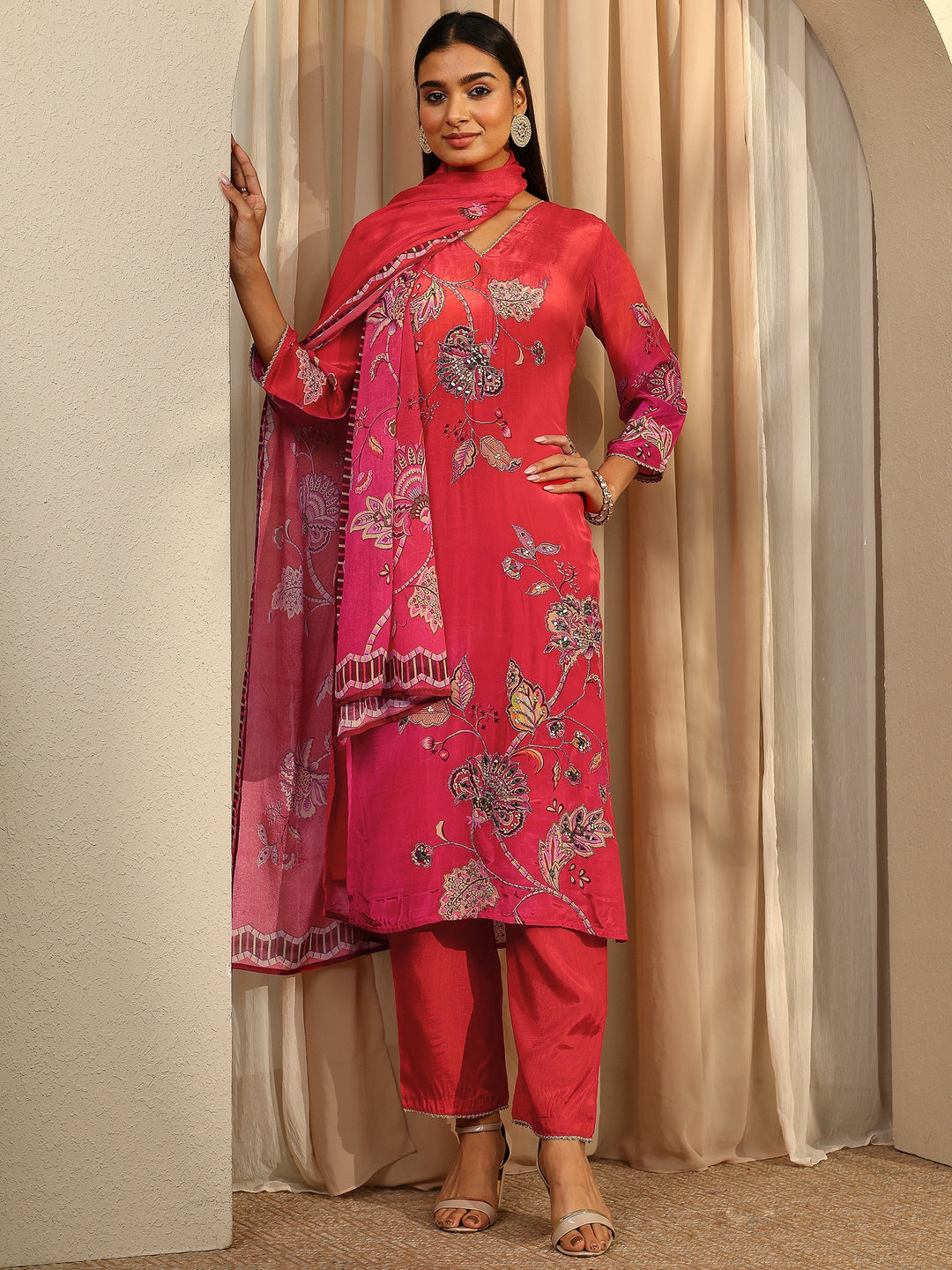 Red Printed Crepe Straight Suit Set With Dupatta