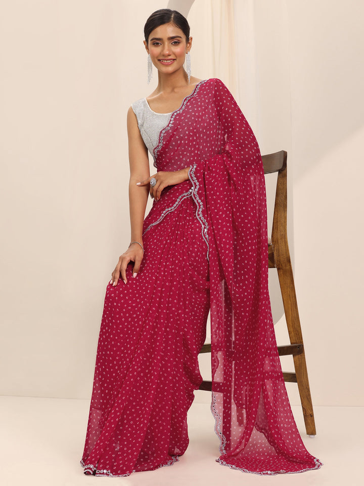 Red Printed Georgette Saree With Unstitched Blouse Piece