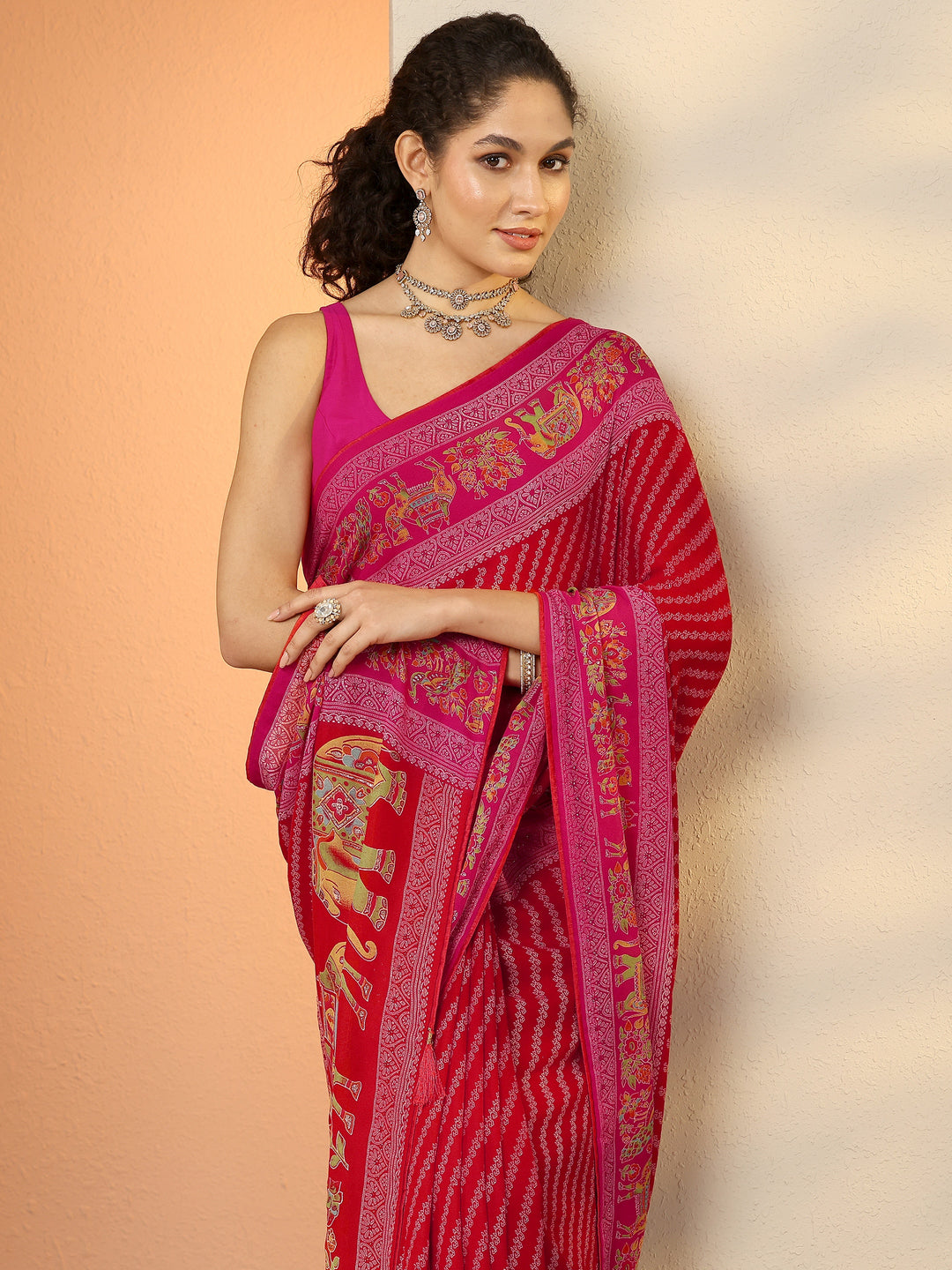 Red Printed Georgette Saree With Unstitched Blouse Piece