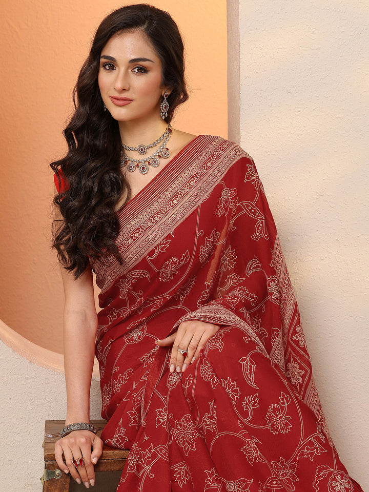 Red Printed Georgette Saree With Unstitched Blouse Piece