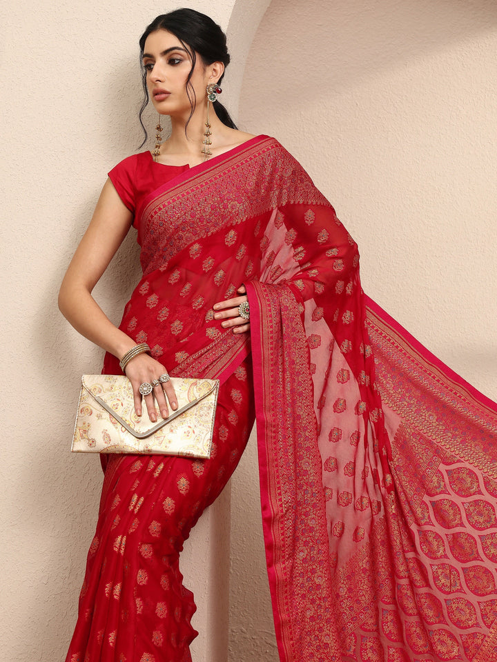 Red Printed Georgette Saree With Unstitched Blouse Piece