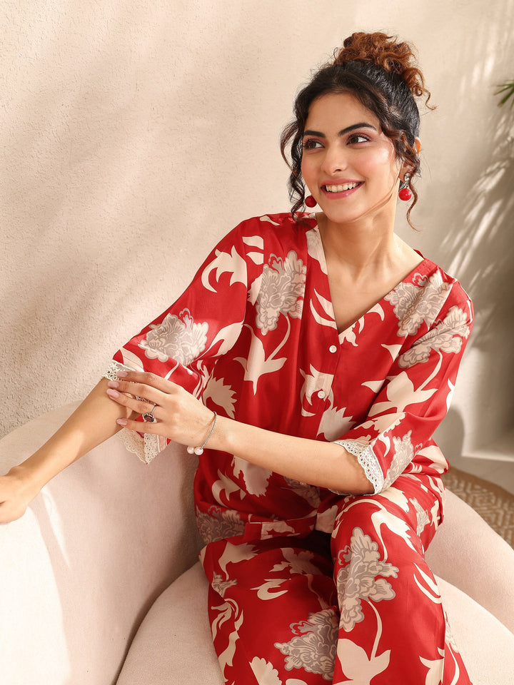 Red Printed Silk Blend Night Suit