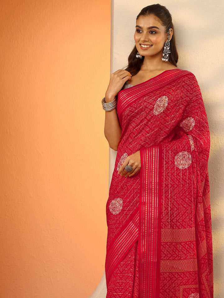 Red Printed Silk Blend Saree With Unstitched Blouse Piece