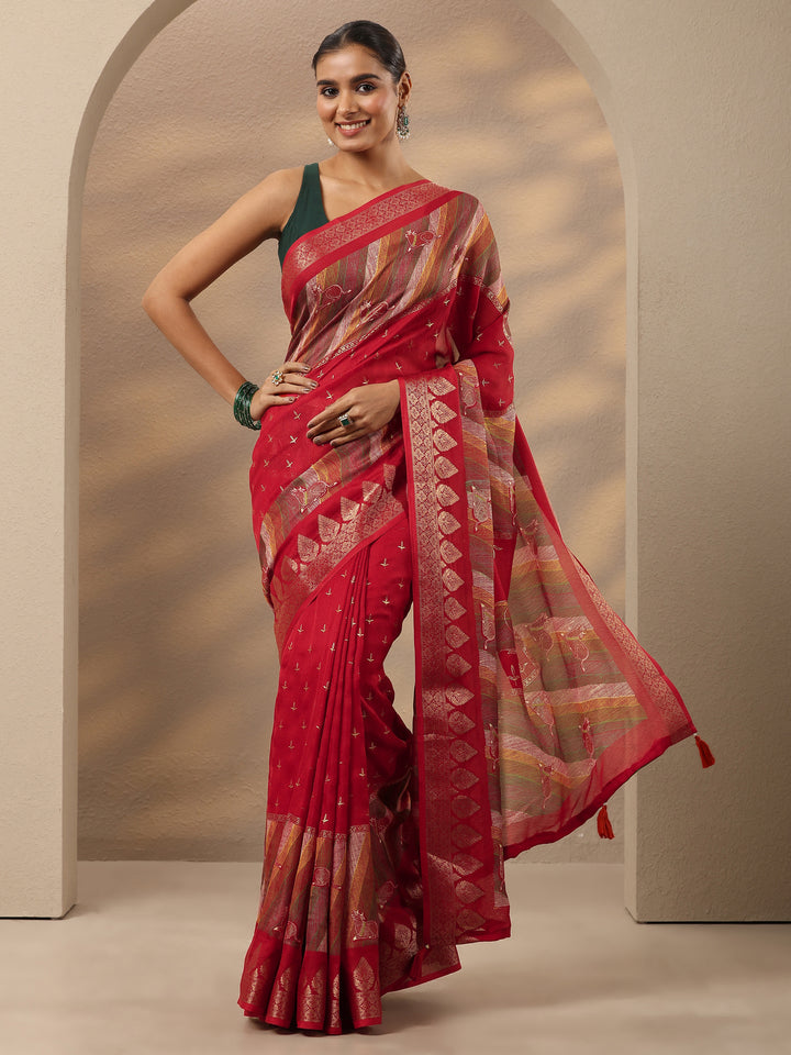 Red Printed Silk Blend Saree With Unstitched Blouse Piece